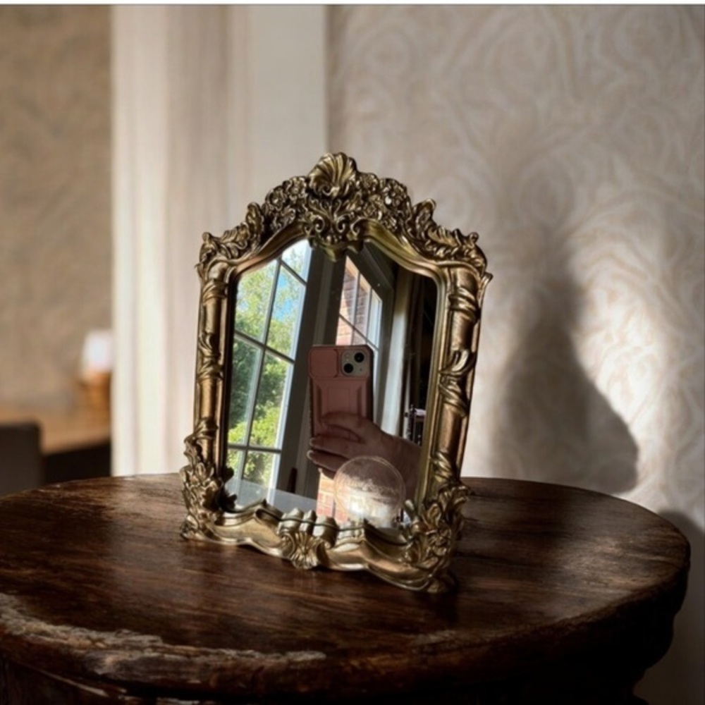 ORNATE Gold ornate Easel Back Table Top Easel Mirror 8.5”x6”